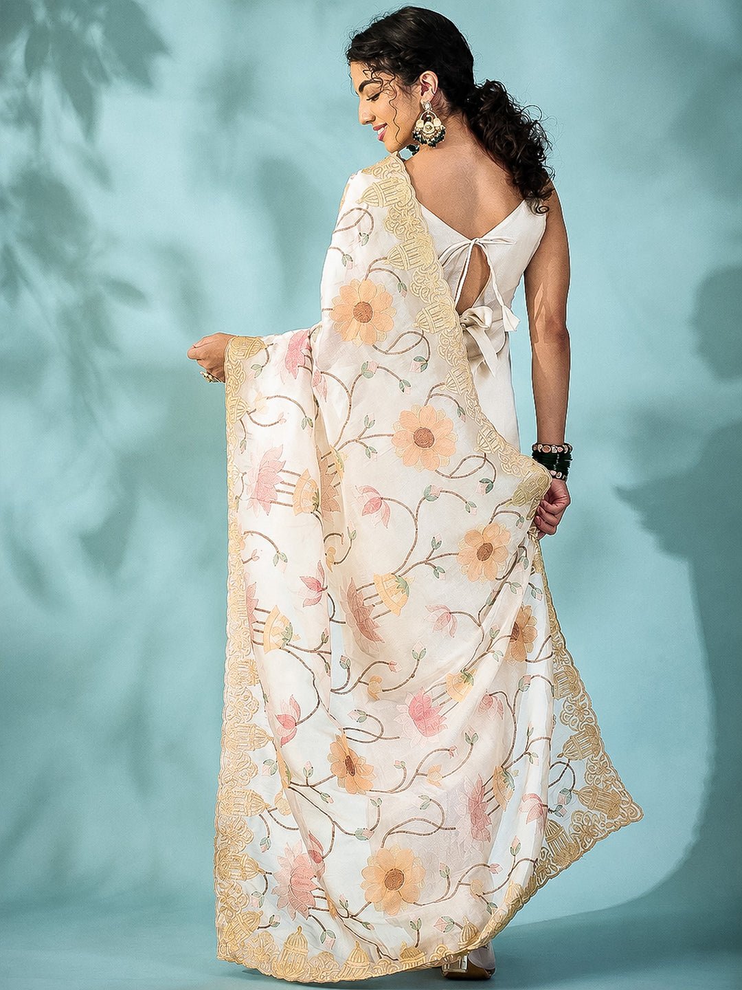 Off White Embroidered Party Wear Saree - Ressa