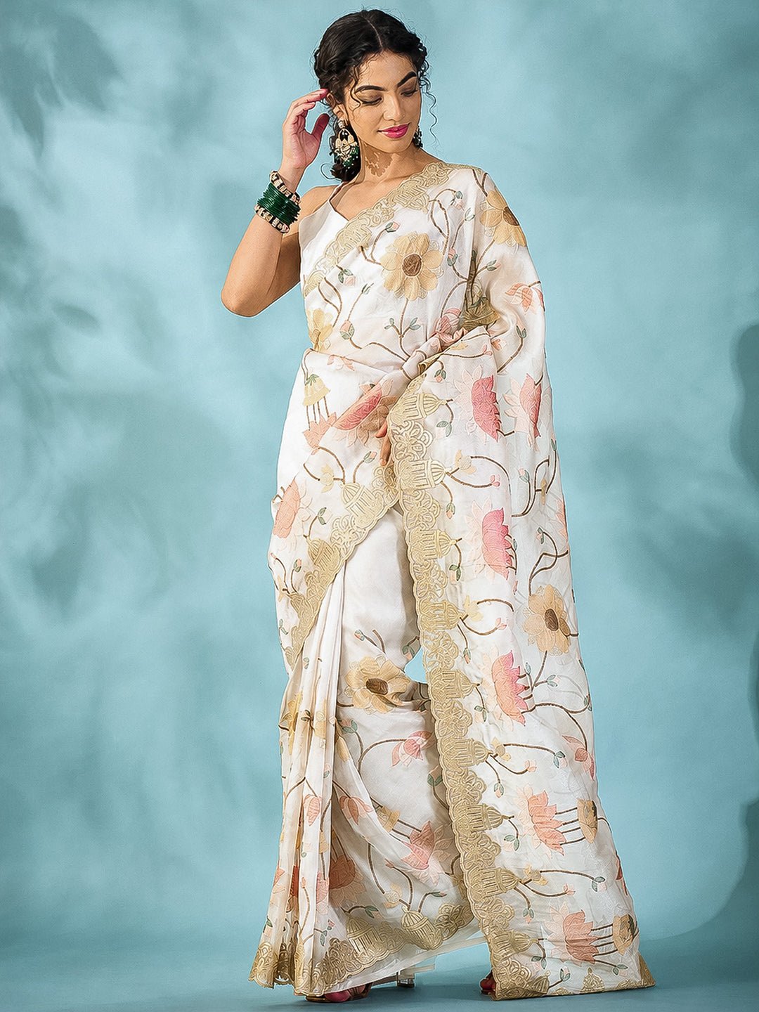 Off White Embroidered Party Wear Saree - Ressa