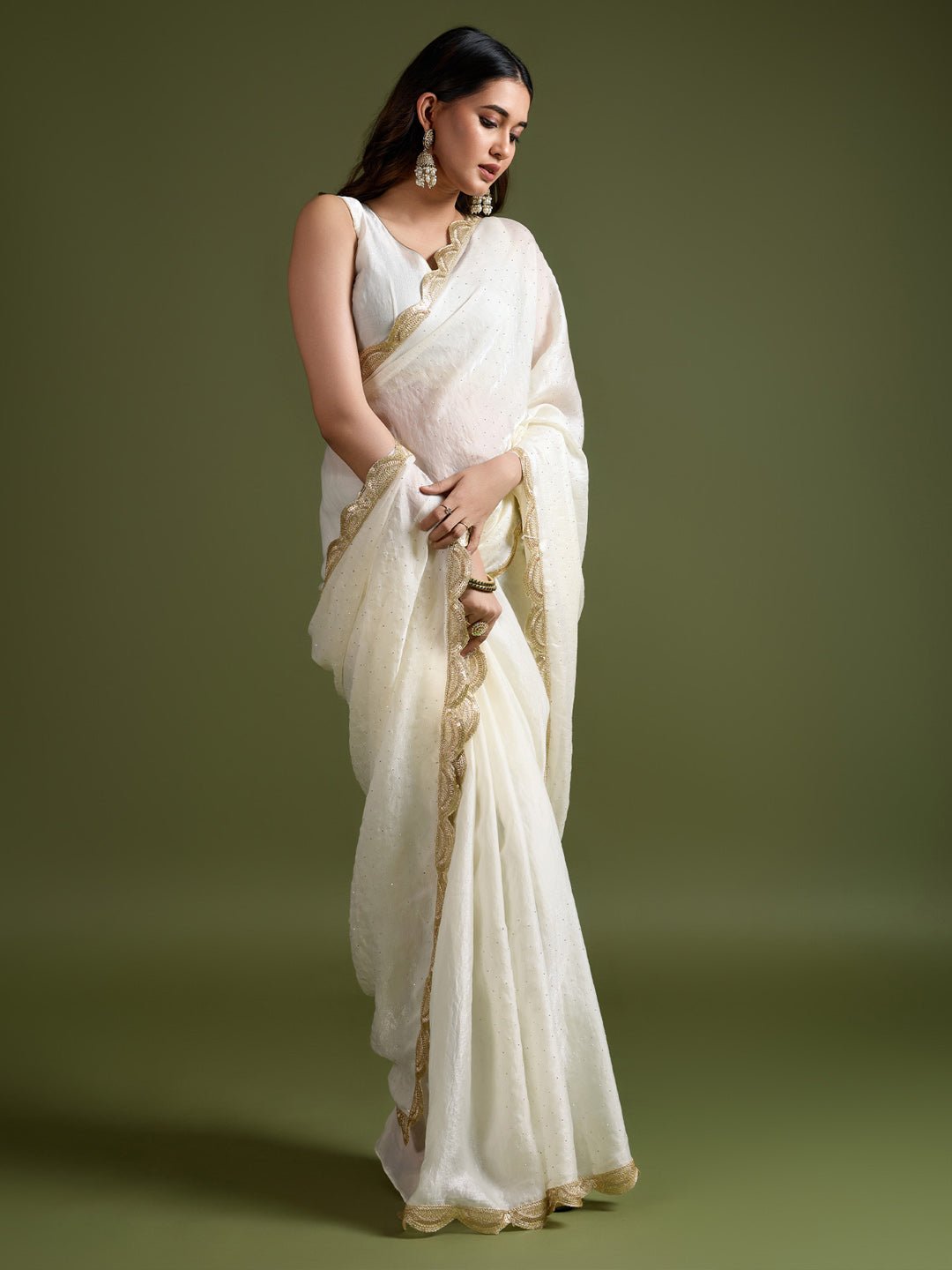 Off-White Fendi Chiffon Saree with Gold Sequin Work - Ressa