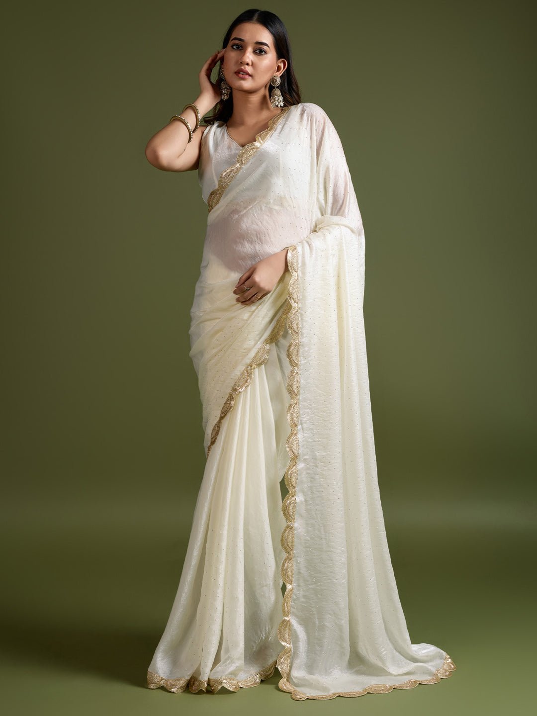 Off-White Fendi Chiffon Saree with Gold Sequin Work - Ressa