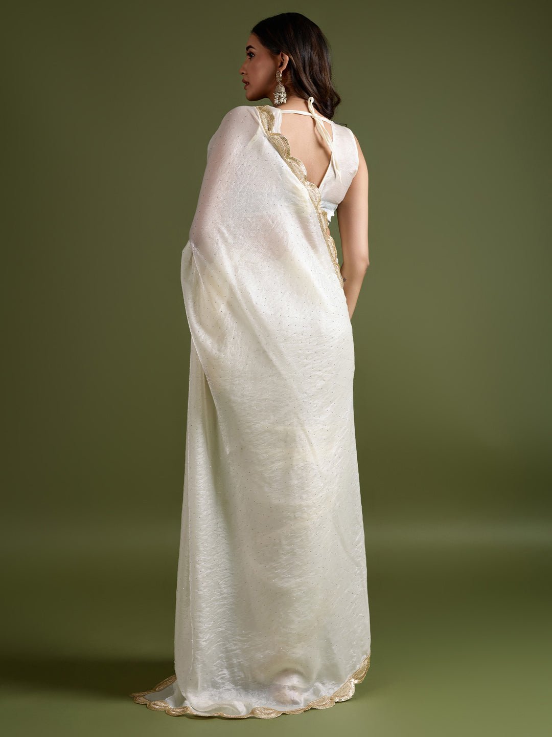 Off-White Fendi Chiffon Saree with Gold Sequin Work - Ressa