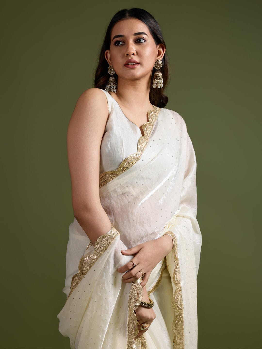Off-White Fendi Chiffon Saree with Gold Sequin Work - Ressa