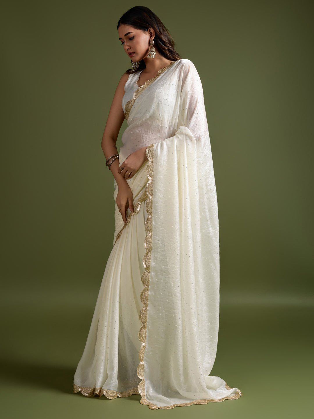 Off-White Fendi Chiffon Saree with Gold Sequin Work - Ressa