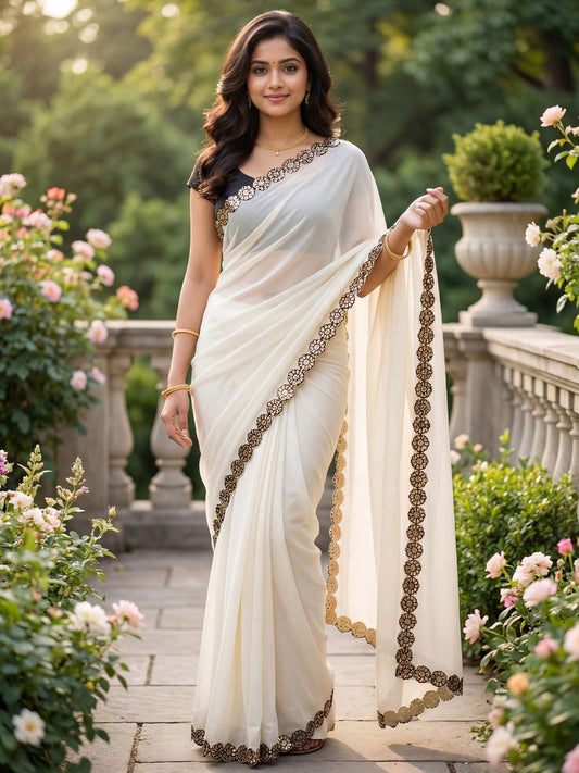 Off White Georgette Party Wear Saree - Ressa