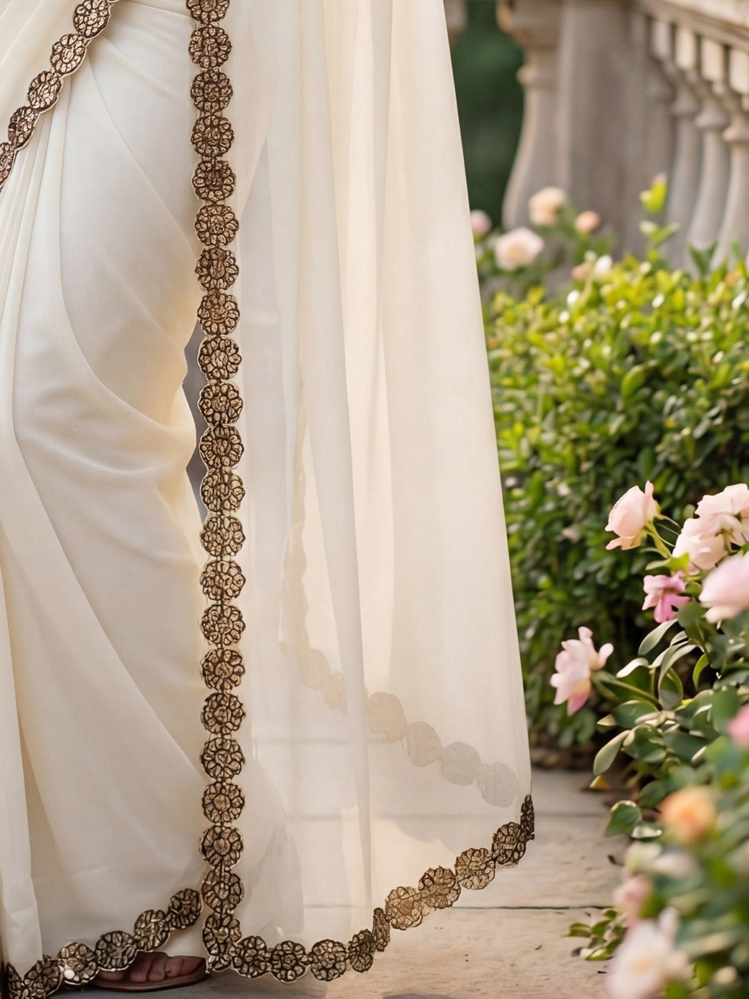 Off White Georgette Party Wear Saree - Ressa