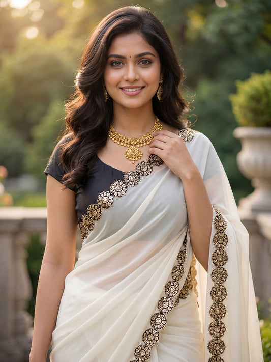 Off White Georgette Party Wear Saree - Ressa