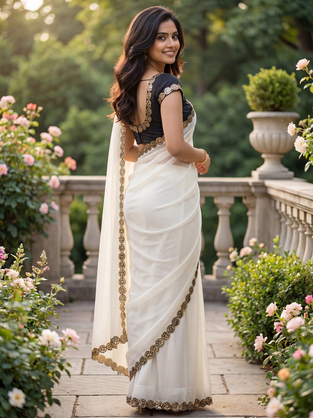 Off White Georgette Party Wear Saree - Ressa