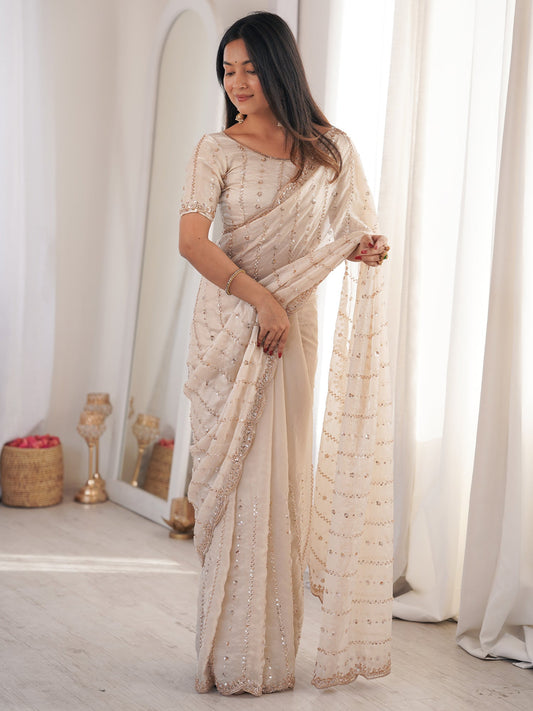 Off-White Georgette Sequence Embroidery Saree - Ressa