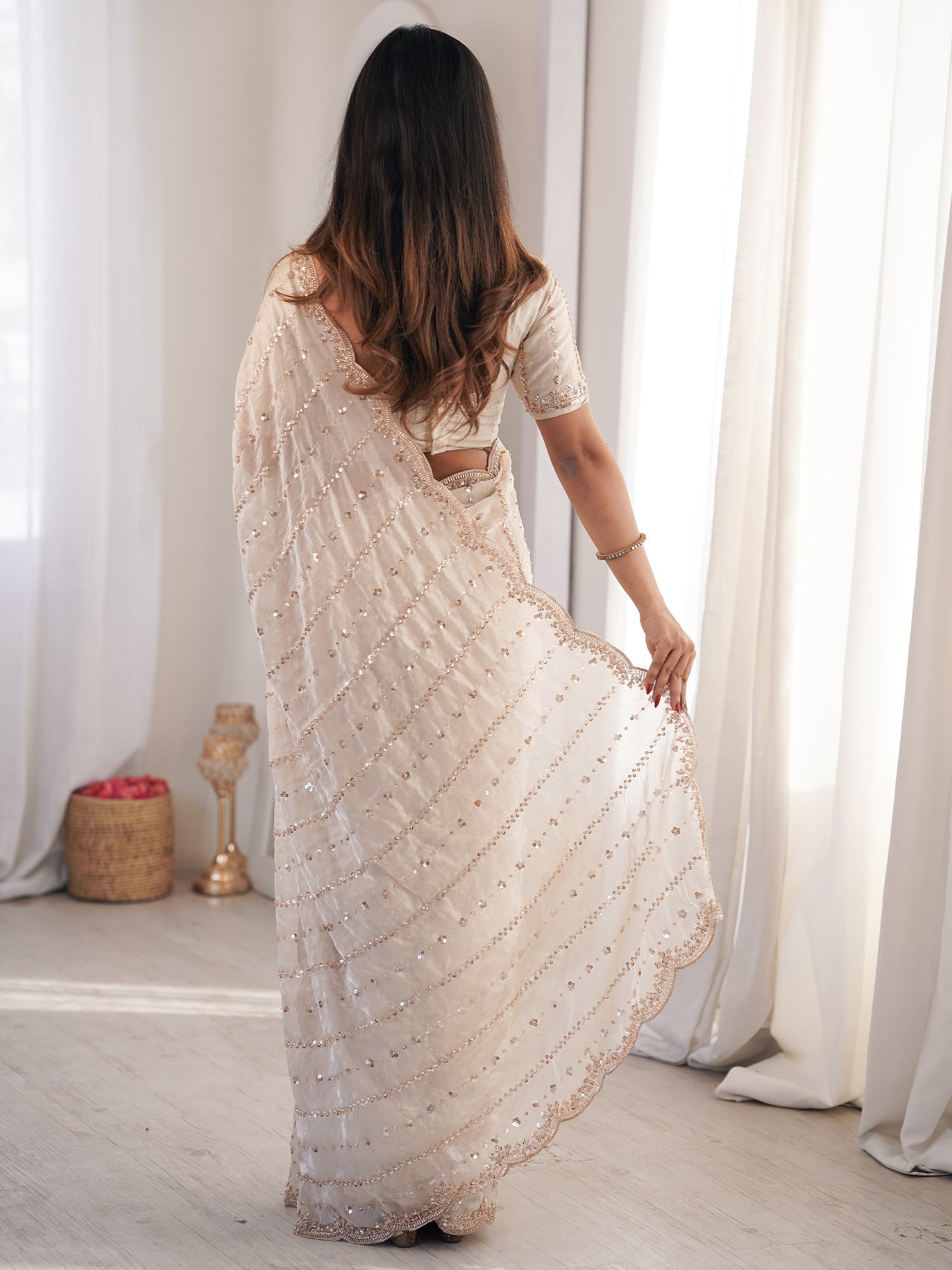 Off-White Georgette Sequence Embroidery Saree - Ressa