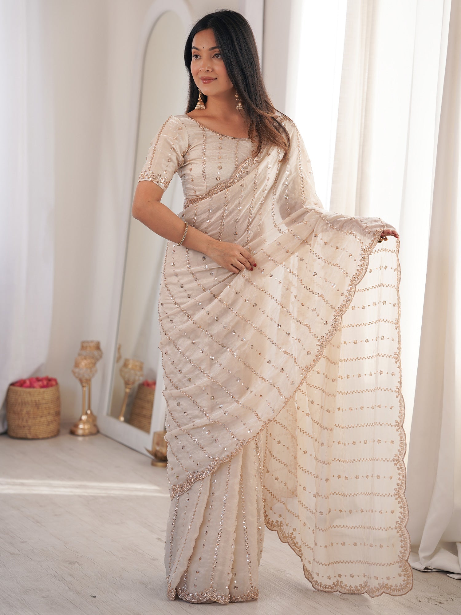 Off-White Georgette Sequence Embroidery Saree - Ressa