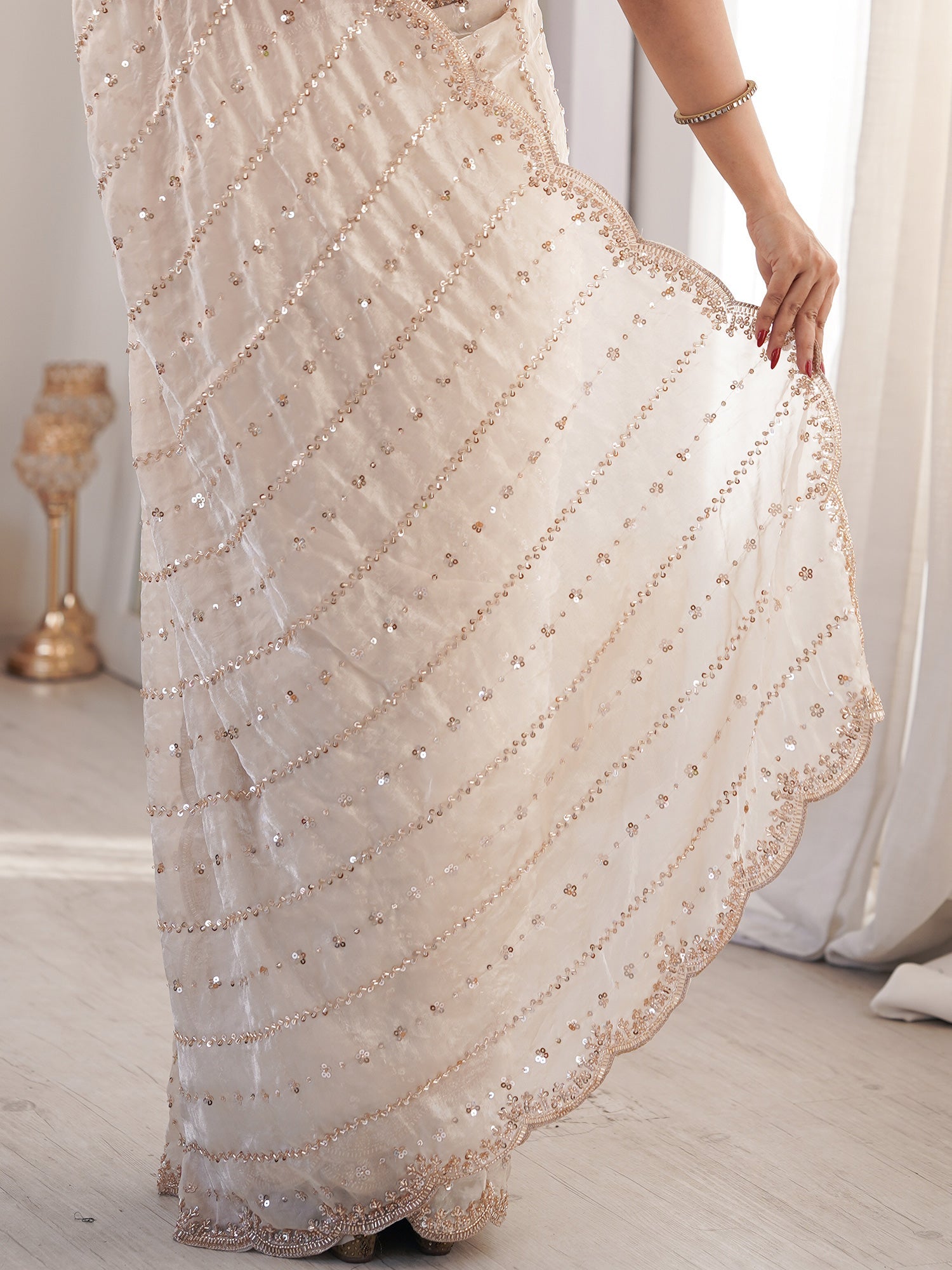 Off-White Georgette Sequence Embroidery Saree - Ressa