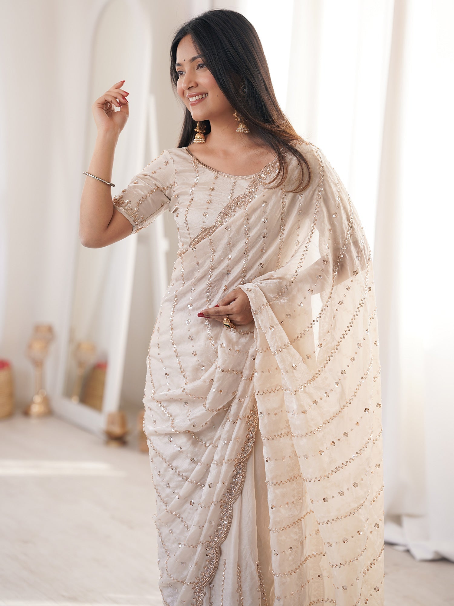 Off-White Georgette Sequence Embroidery Saree - Ressa