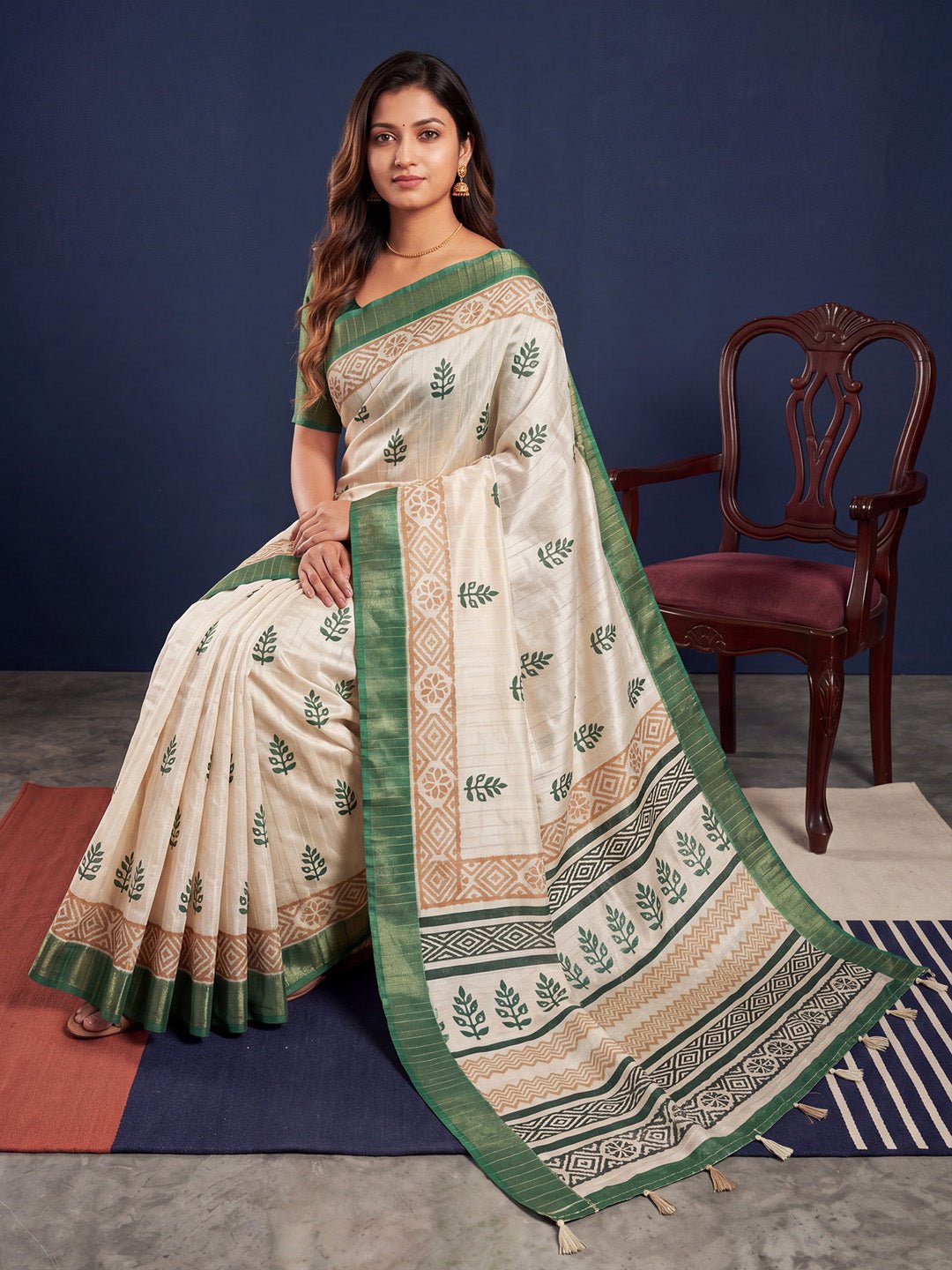 Off-White & Green Cotton Silk Block Printed Saree - Ressa