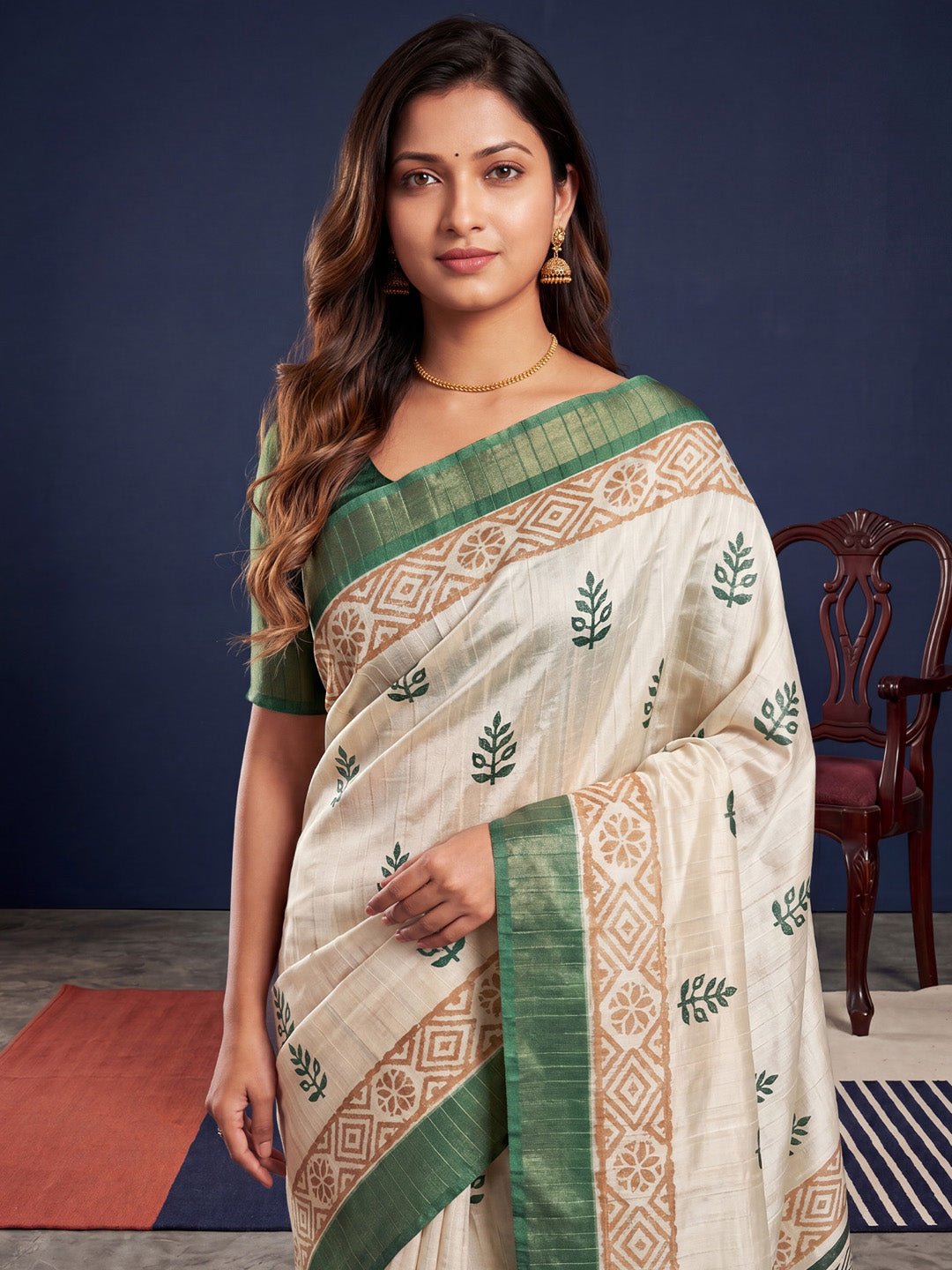Off-White & Green Cotton Silk Block Printed Saree - Ressa