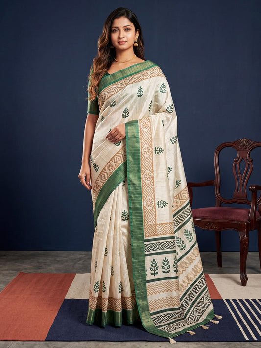 Off-White & Green Cotton Silk Block Printed Saree - Ressa
