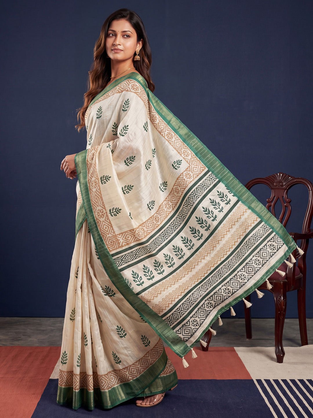 Off-White & Green Cotton Silk Block Printed Saree - Ressa