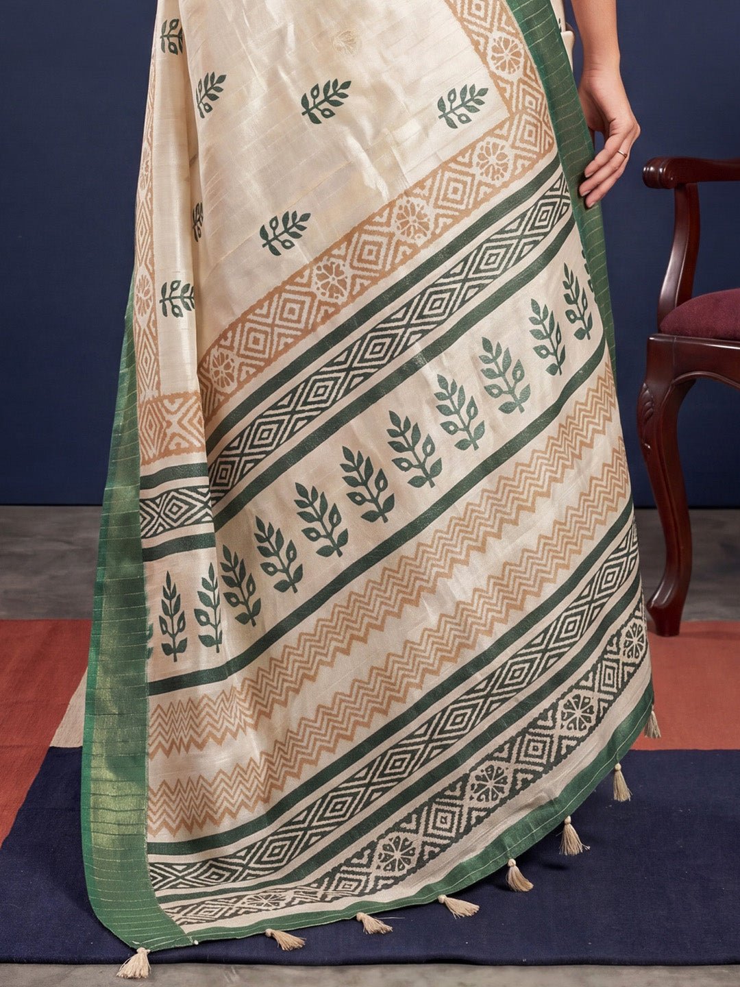 Off-White & Green Cotton Silk Block Printed Saree - Ressa