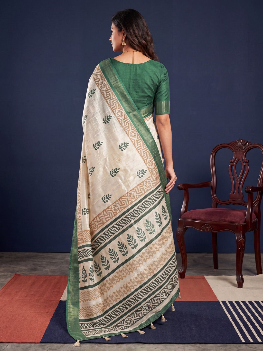 Off-White & Green Cotton Silk Block Printed Saree - Ressa