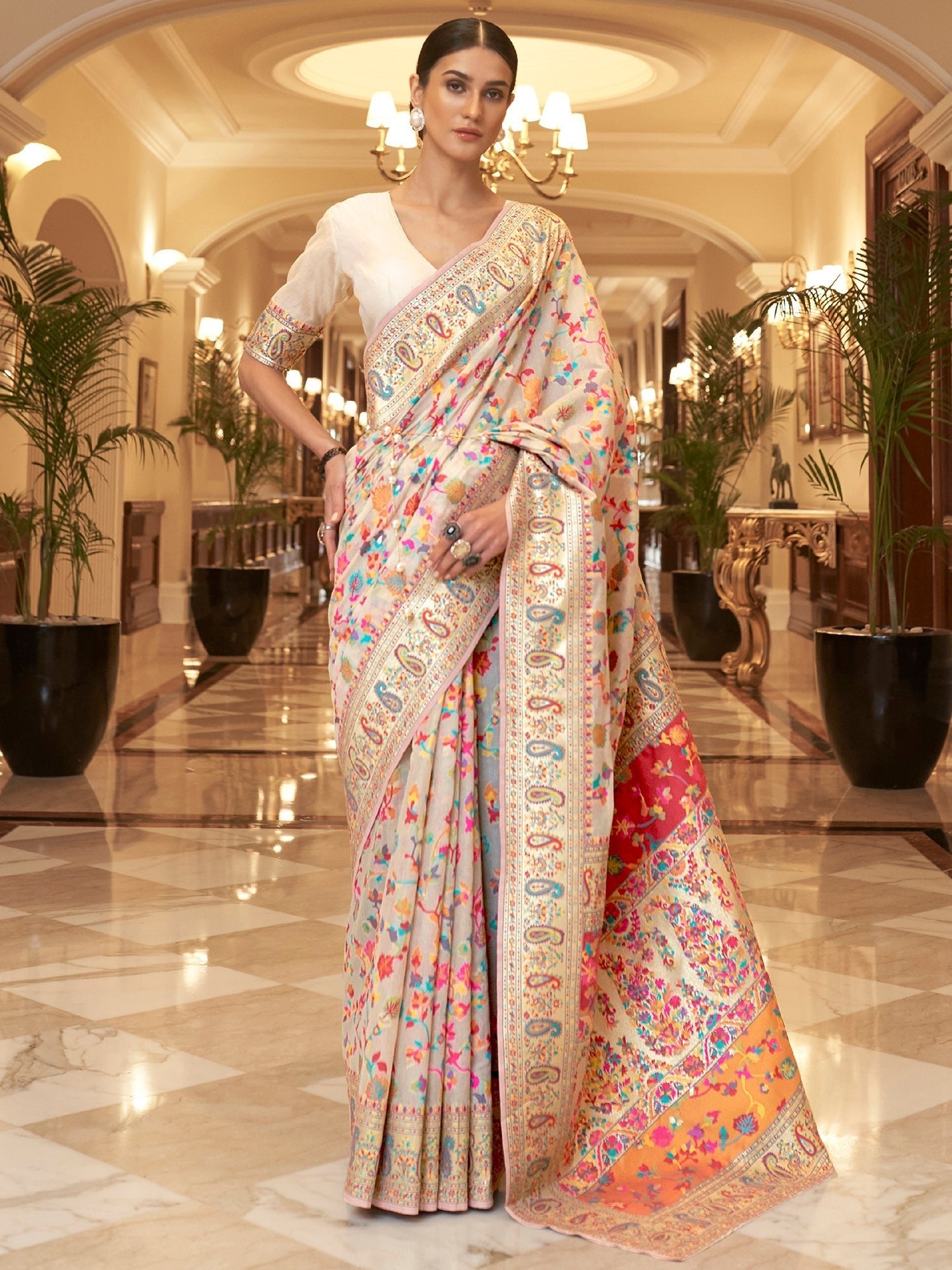 Off white Kashmiri Silk Saree - Ressa
