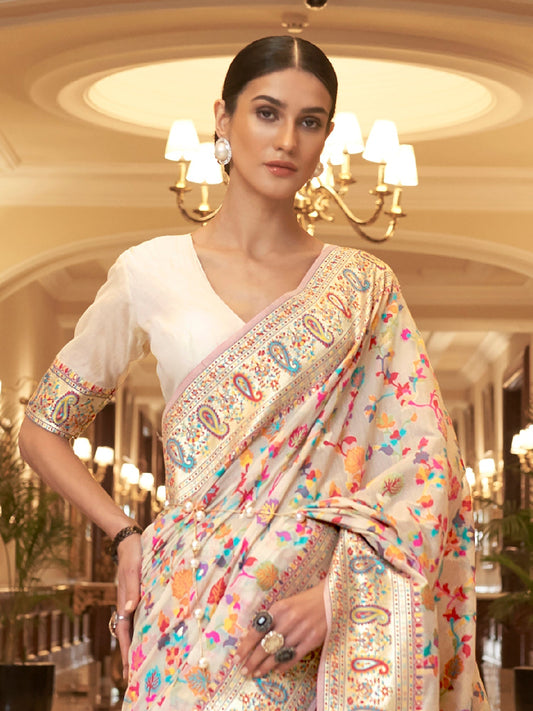 Off white Kashmiri Silk Saree - Ressa