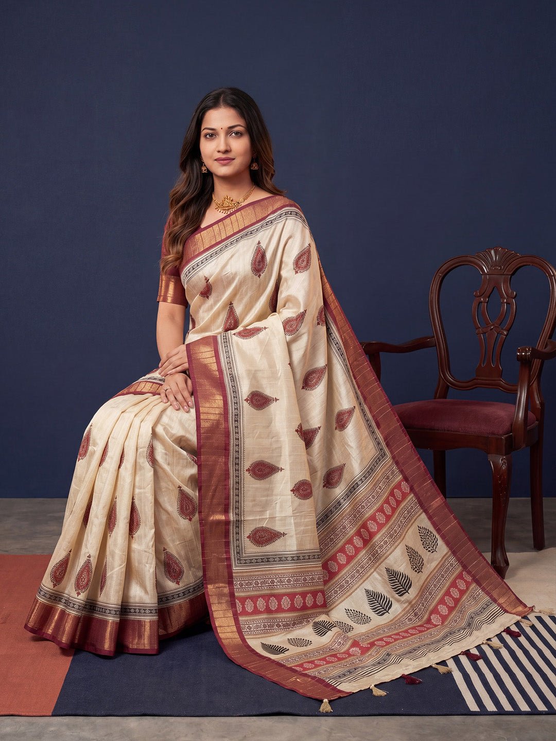 Off White & Maroon Cotton Silk Block Printed Saree - Ressa