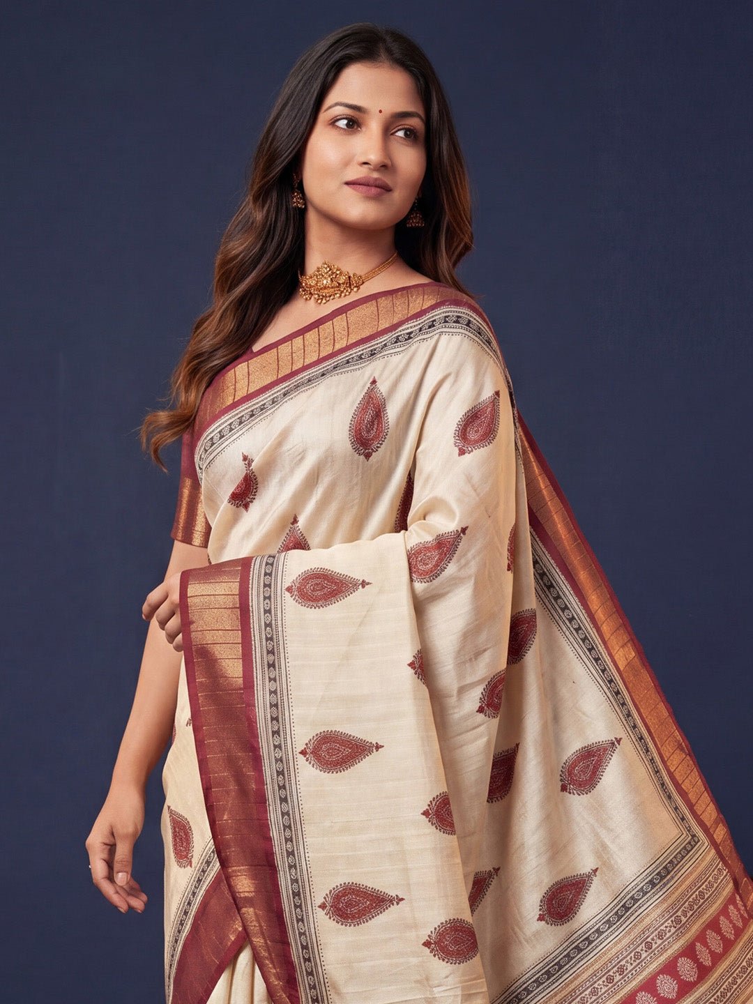 Off White & Maroon Cotton Silk Block Printed Saree - Ressa