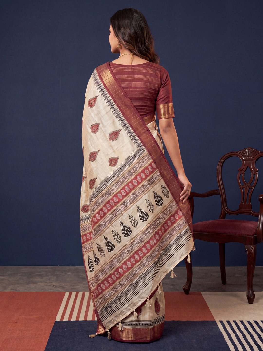Off White & Maroon Cotton Silk Block Printed Saree - Ressa