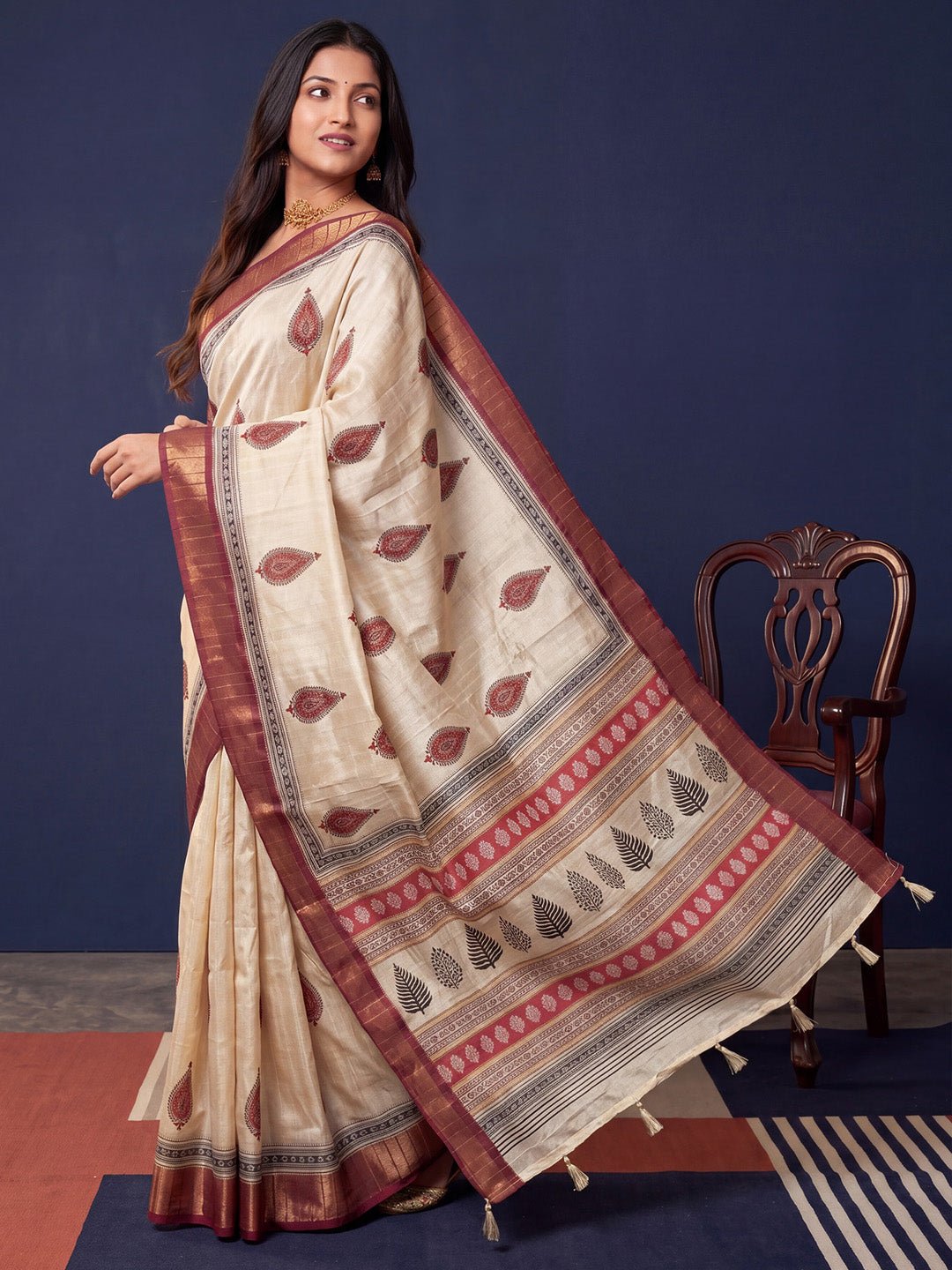 Off White & Maroon Cotton Silk Block Printed Saree - Ressa