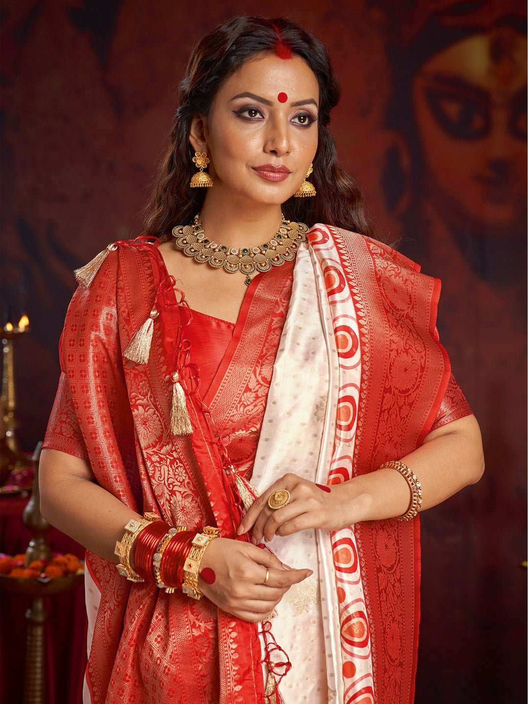 Off-White & Maroon Silk Blend Heritage Banarasi Style - Ressa