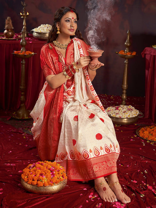 Off-White & Maroon Silk Blend Heritage Banarasi Style - Ressa