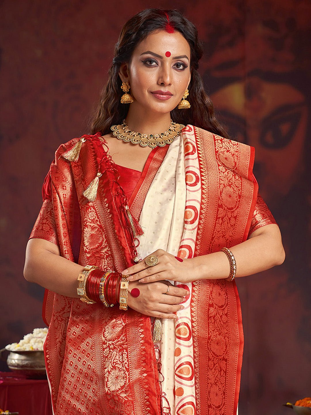Off-White & Maroon Silk Blend Heritage Banarasi Style - Ressa