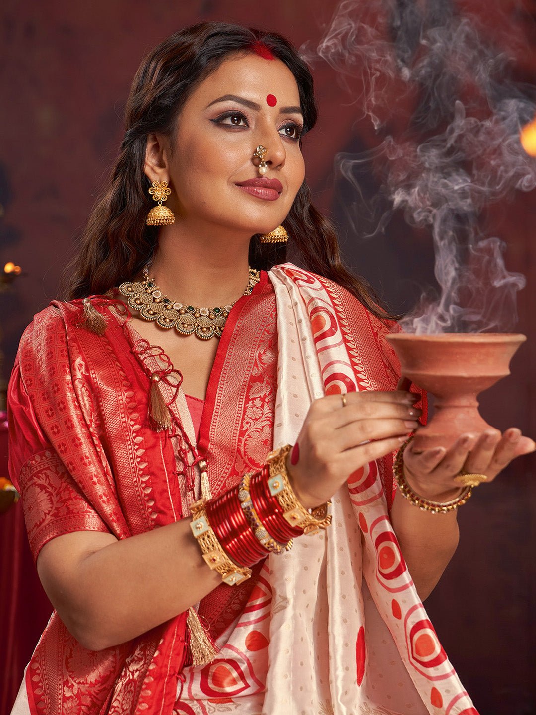 Off-White & Maroon Silk Blend Heritage Banarasi Style - Ressa