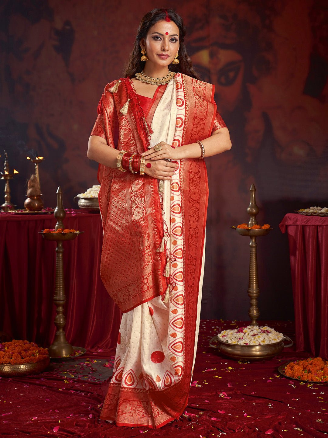 Off-White & Maroon Silk Blend Heritage Banarasi Style - Ressa