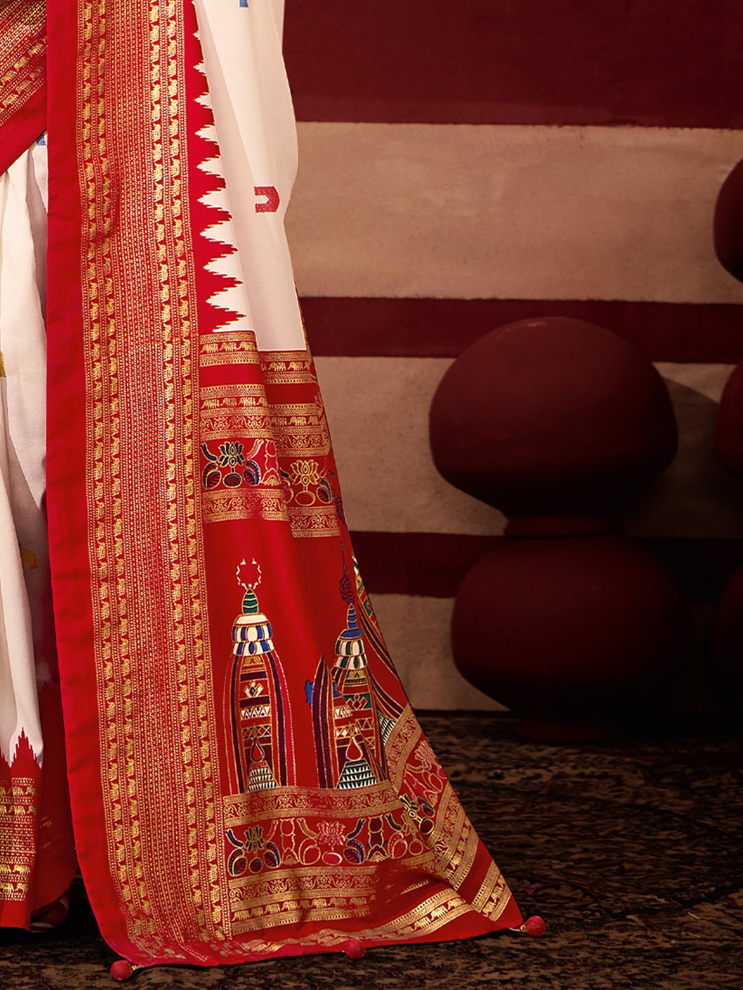 Off-White & Maroon Silk Blend Saree - Ressa