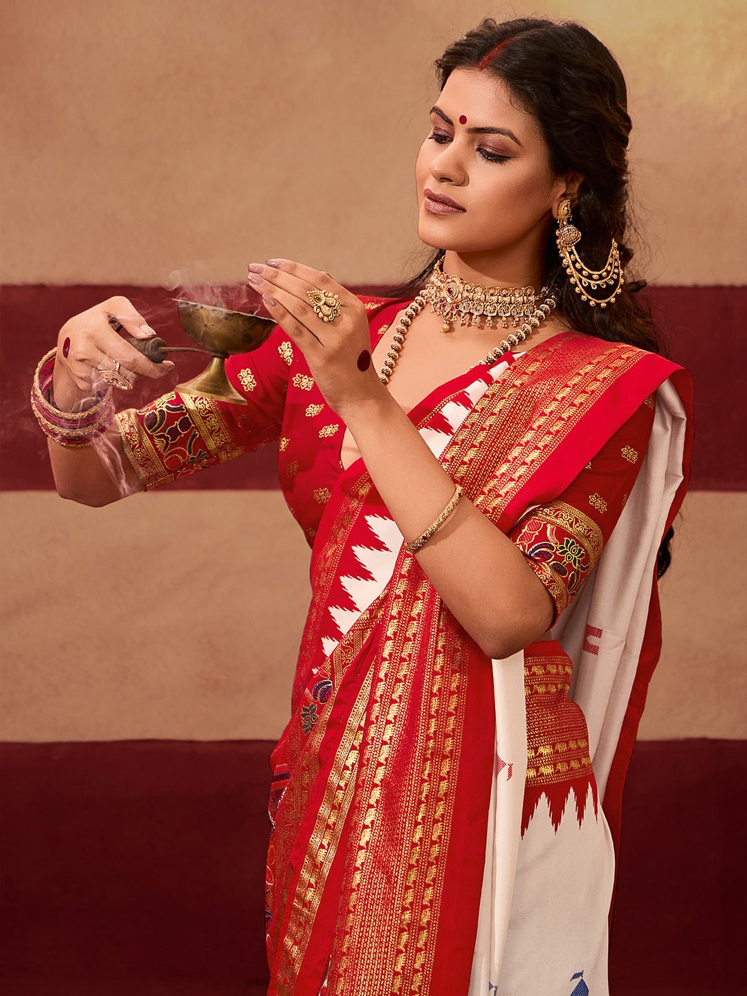 Off-White & Maroon Silk Blend Saree - Ressa