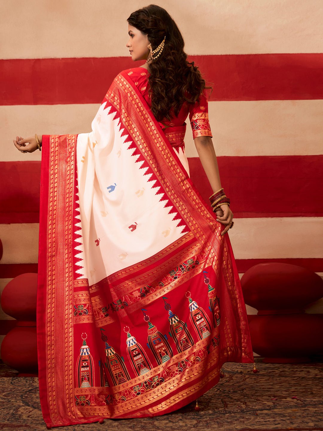 Off-White & Maroon Silk Blend Saree - Ressa