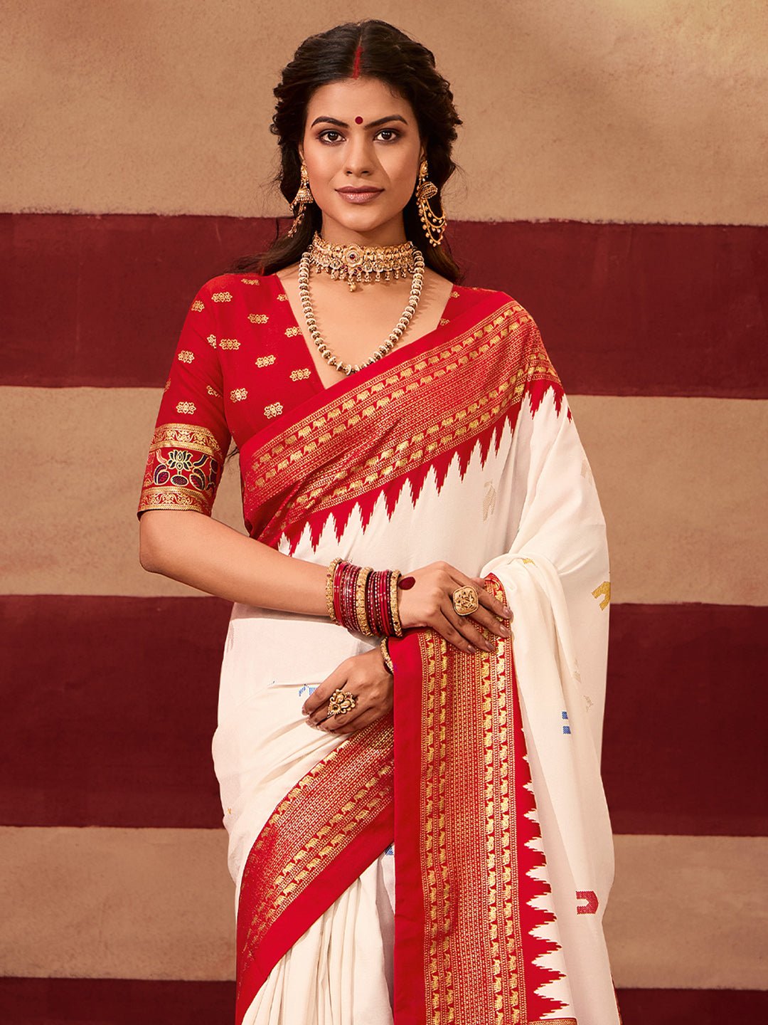 Off-White & Maroon Silk Blend Saree - Ressa