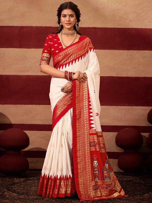 Off-White & Maroon Silk Blend Saree - Ressa