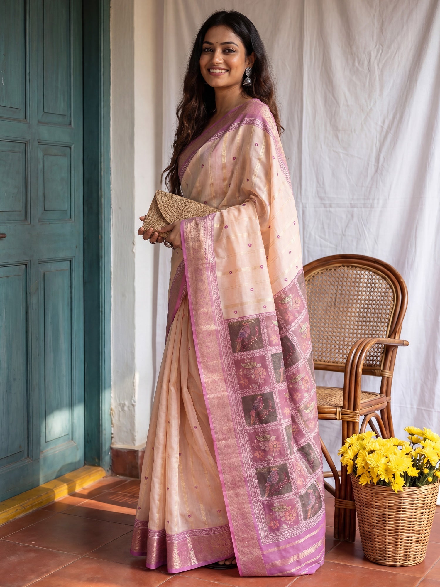 Off White & Mauve Madhubani Print Saree - Ressa