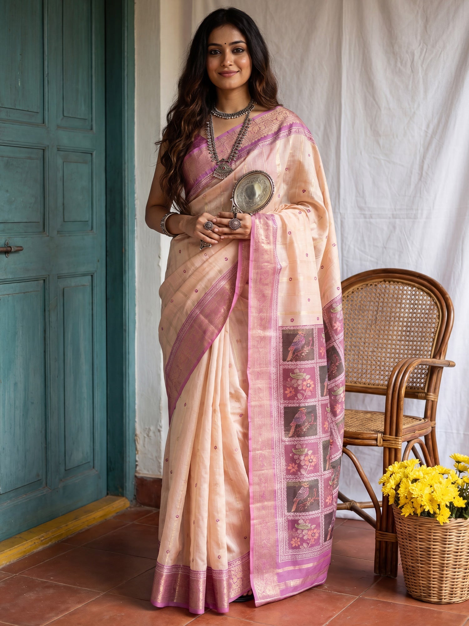 Off White & Mauve Madhubani Print Saree - Ressa