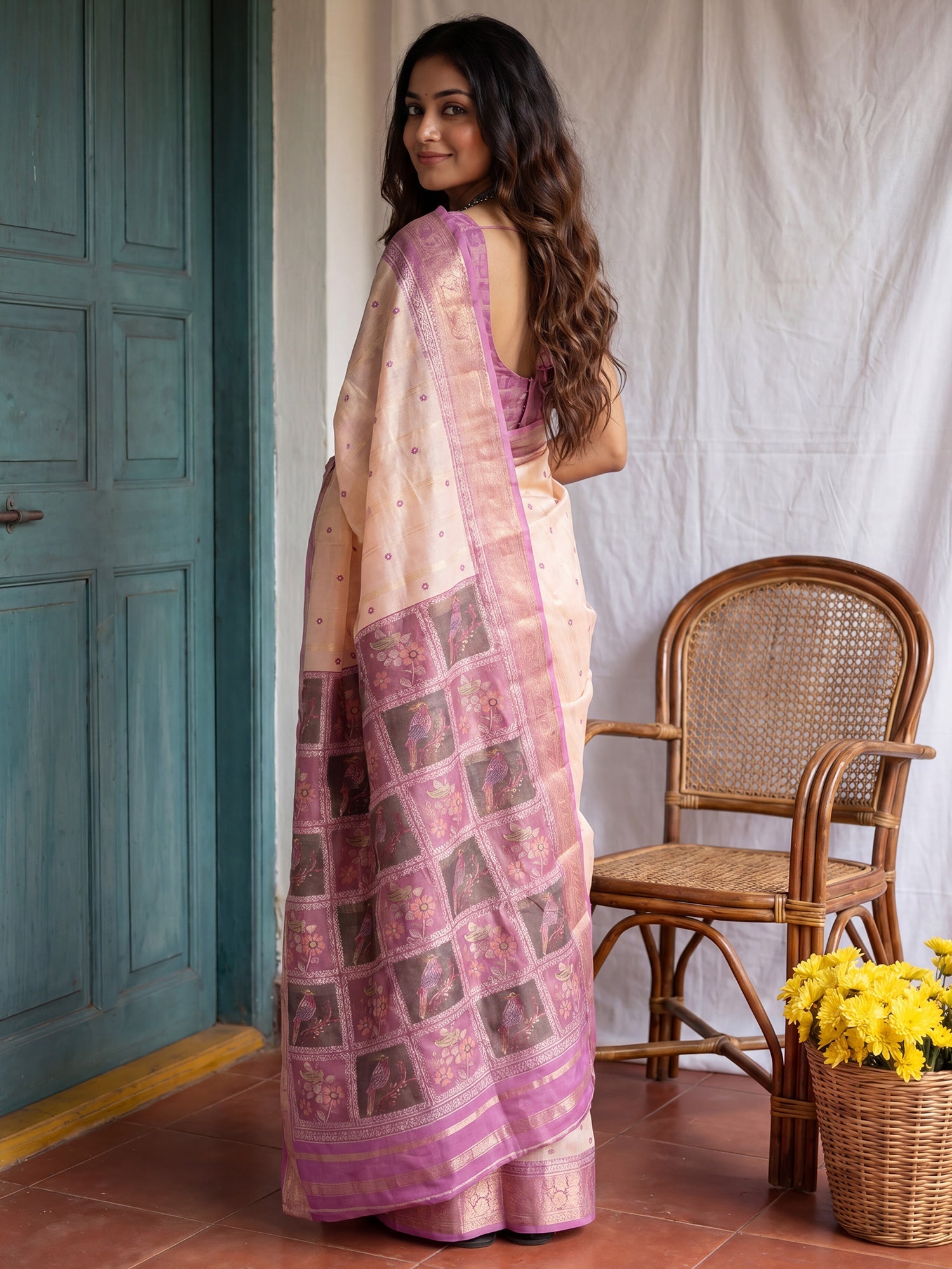 Off White & Mauve Madhubani Print Saree - Ressa