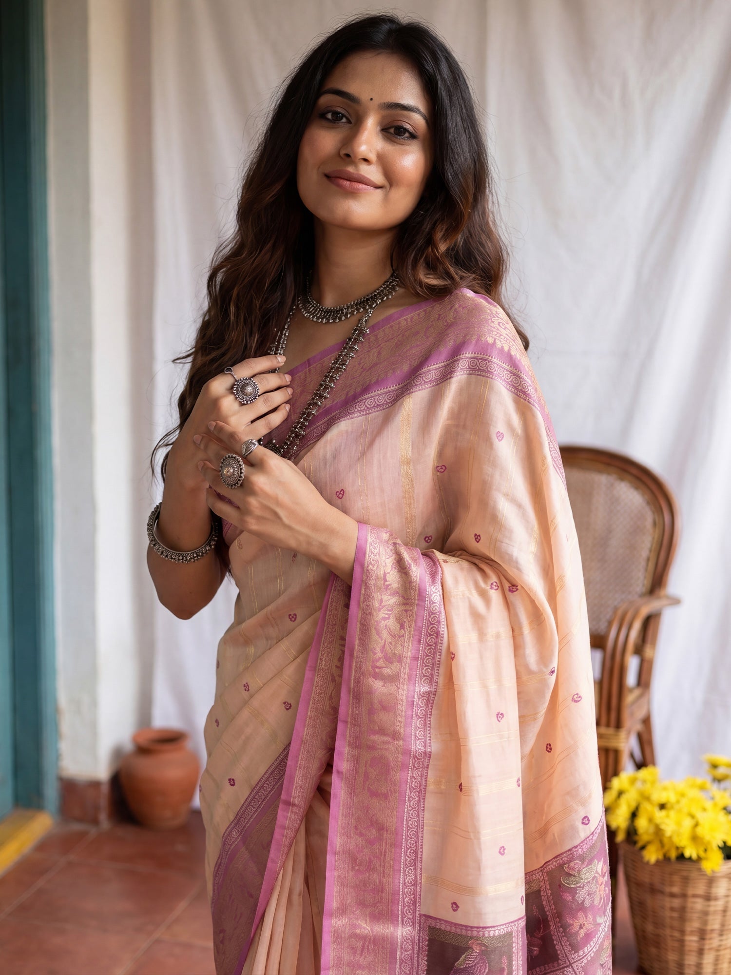 Off White & Mauve Madhubani Print Saree - Ressa