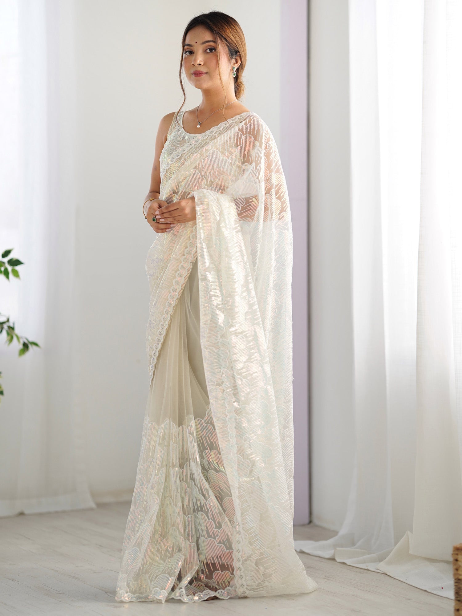 Off-White Net All-Over Sequin Embroidery Saree - Ressa