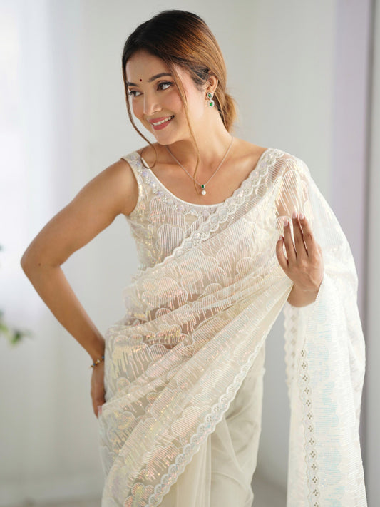Off-White Net All-Over Sequin Embroidery Saree - Ressa