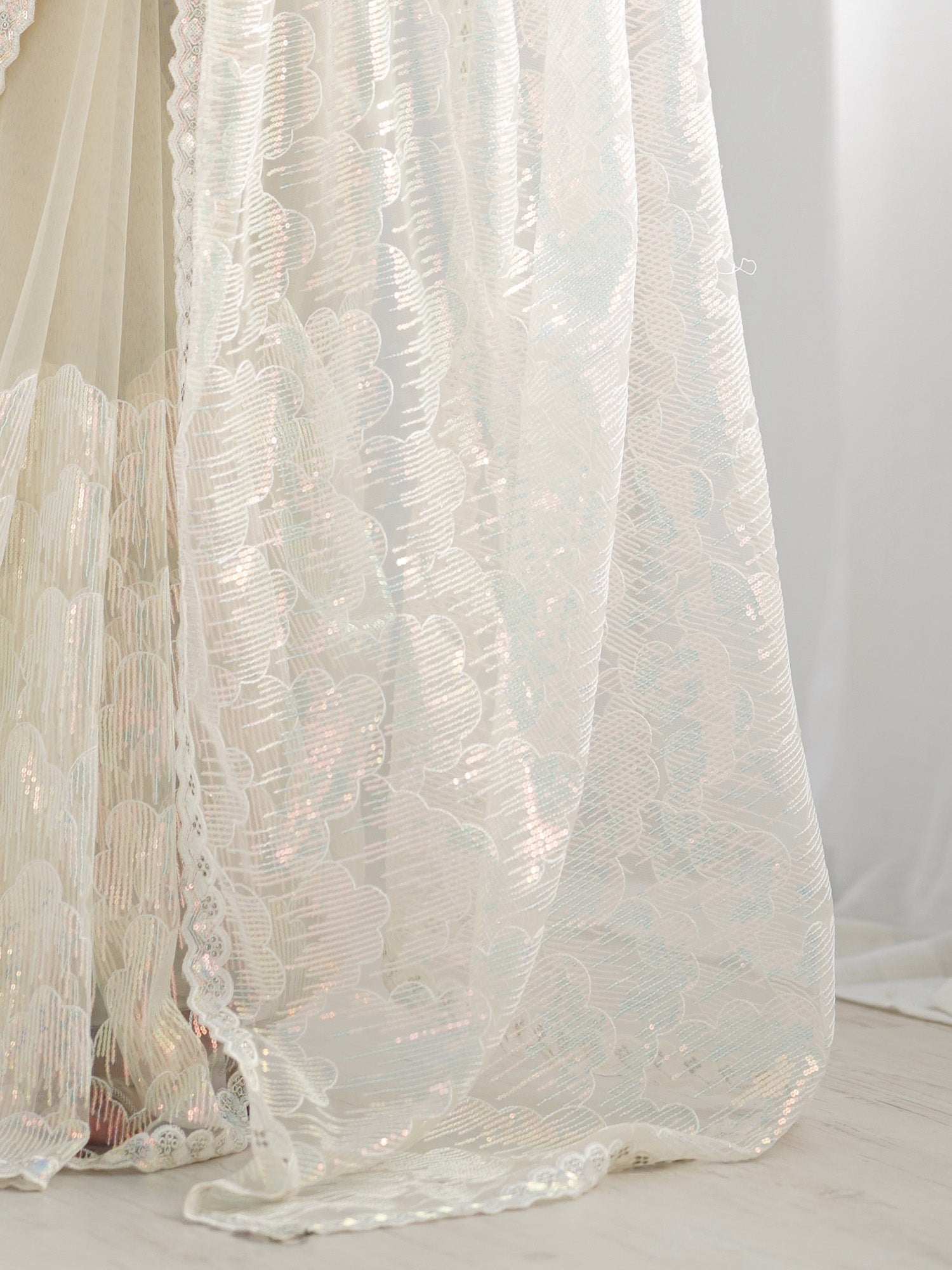 Off-White Net All-Over Sequin Embroidery Saree - Ressa