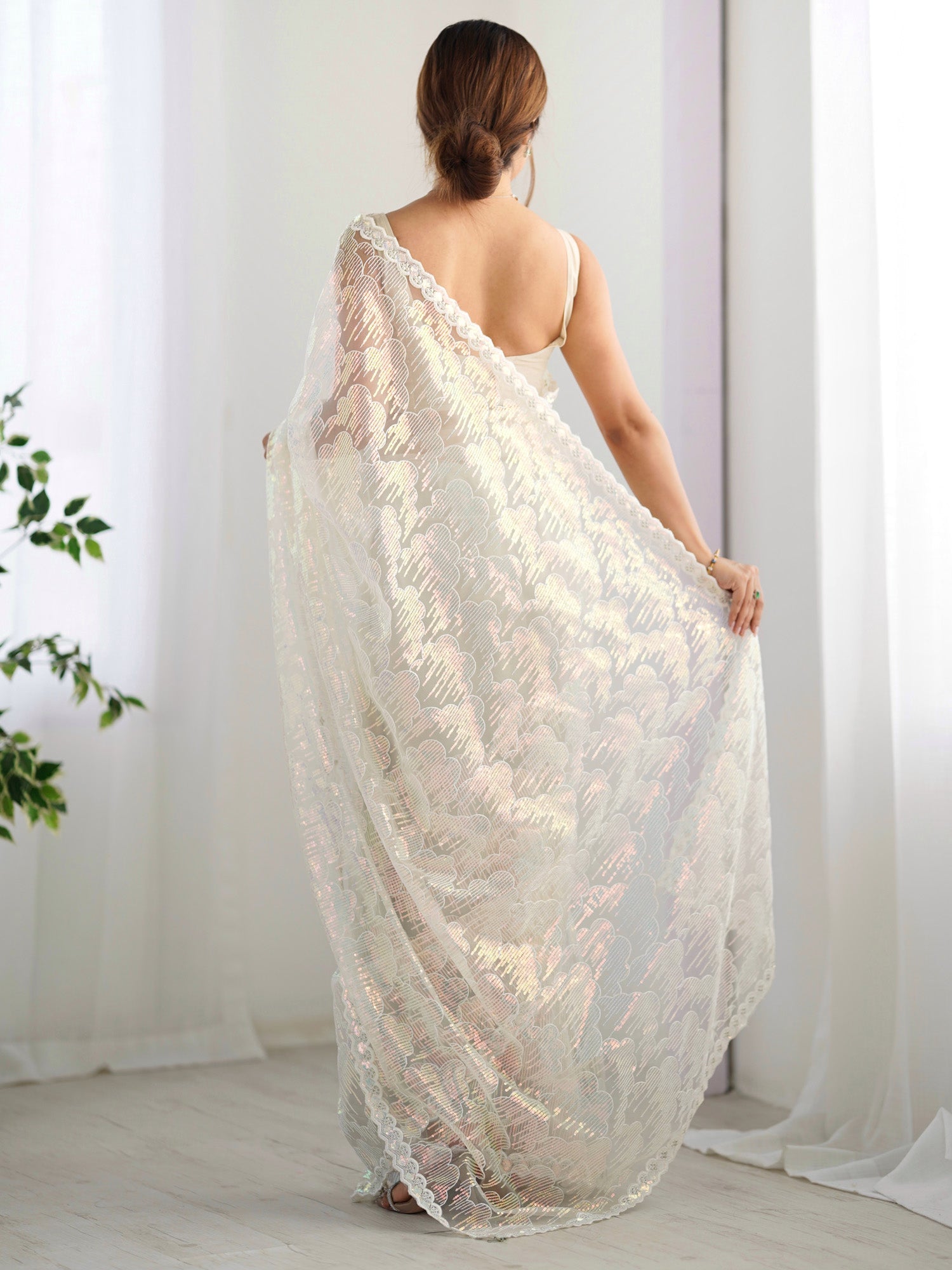 Off-White Net All-Over Sequin Embroidery Saree - Ressa