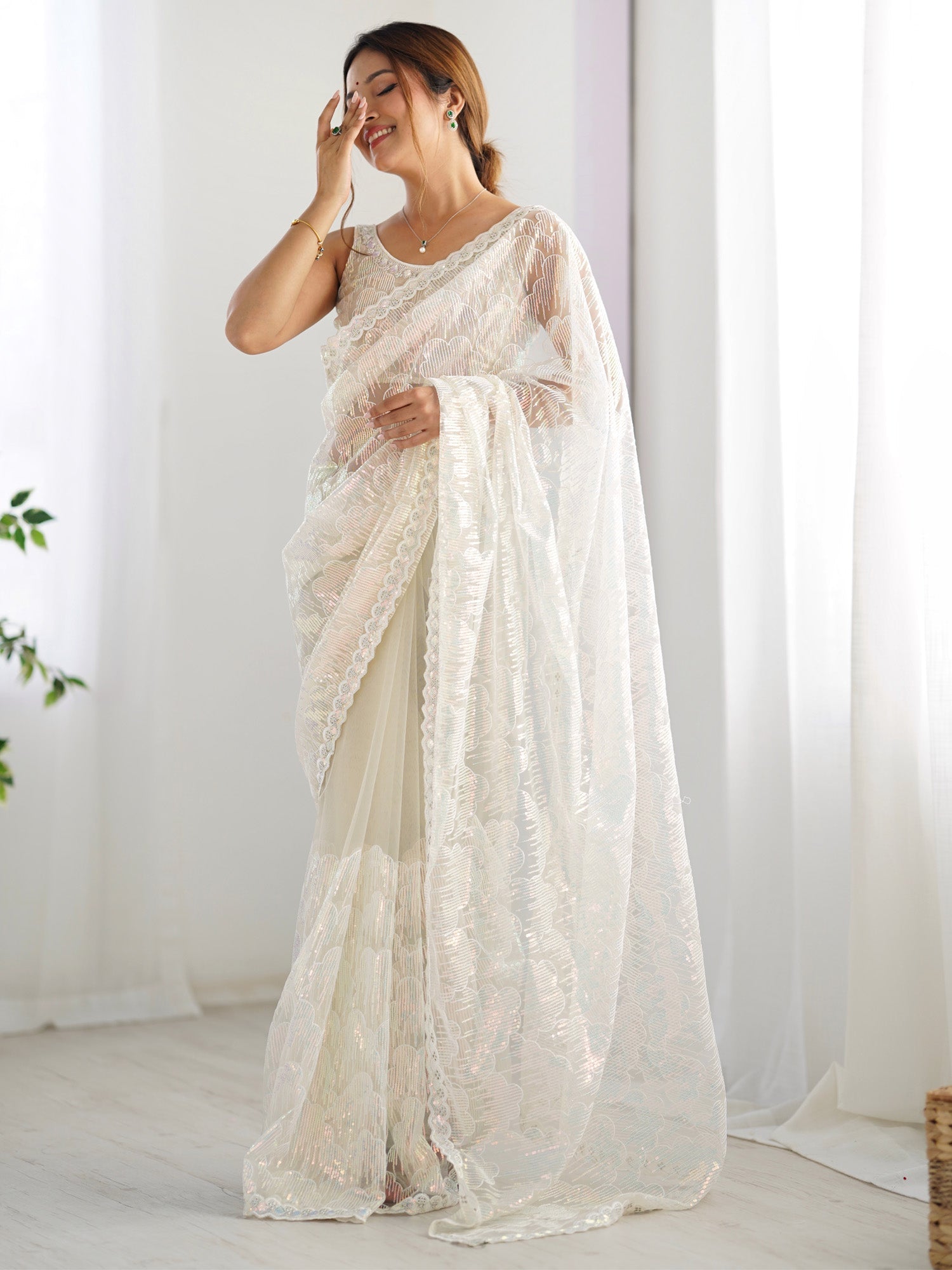 Off-White Net All-Over Sequin Embroidery Saree - Ressa