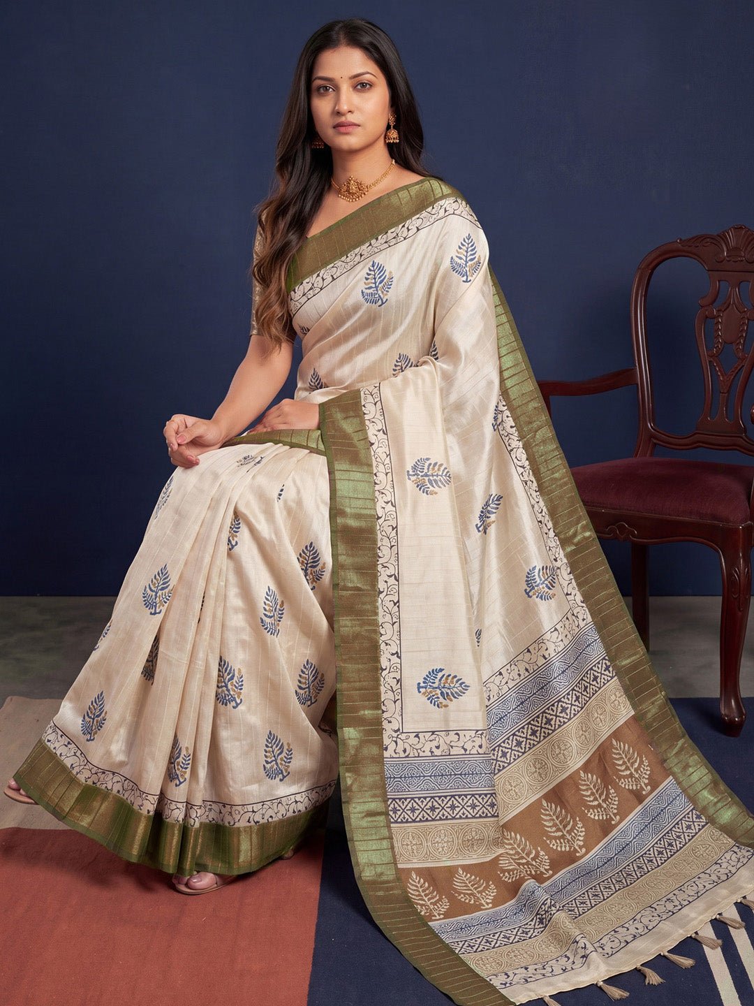 Off White &Olive Cotton Block Printed saree - Ressa