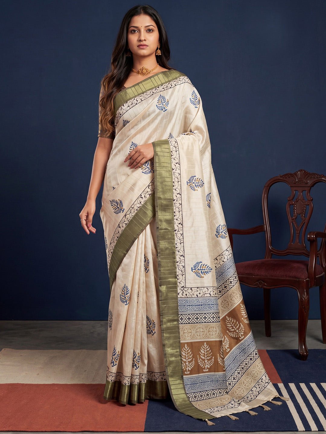 Off White &Olive Cotton Block Printed saree - Ressa