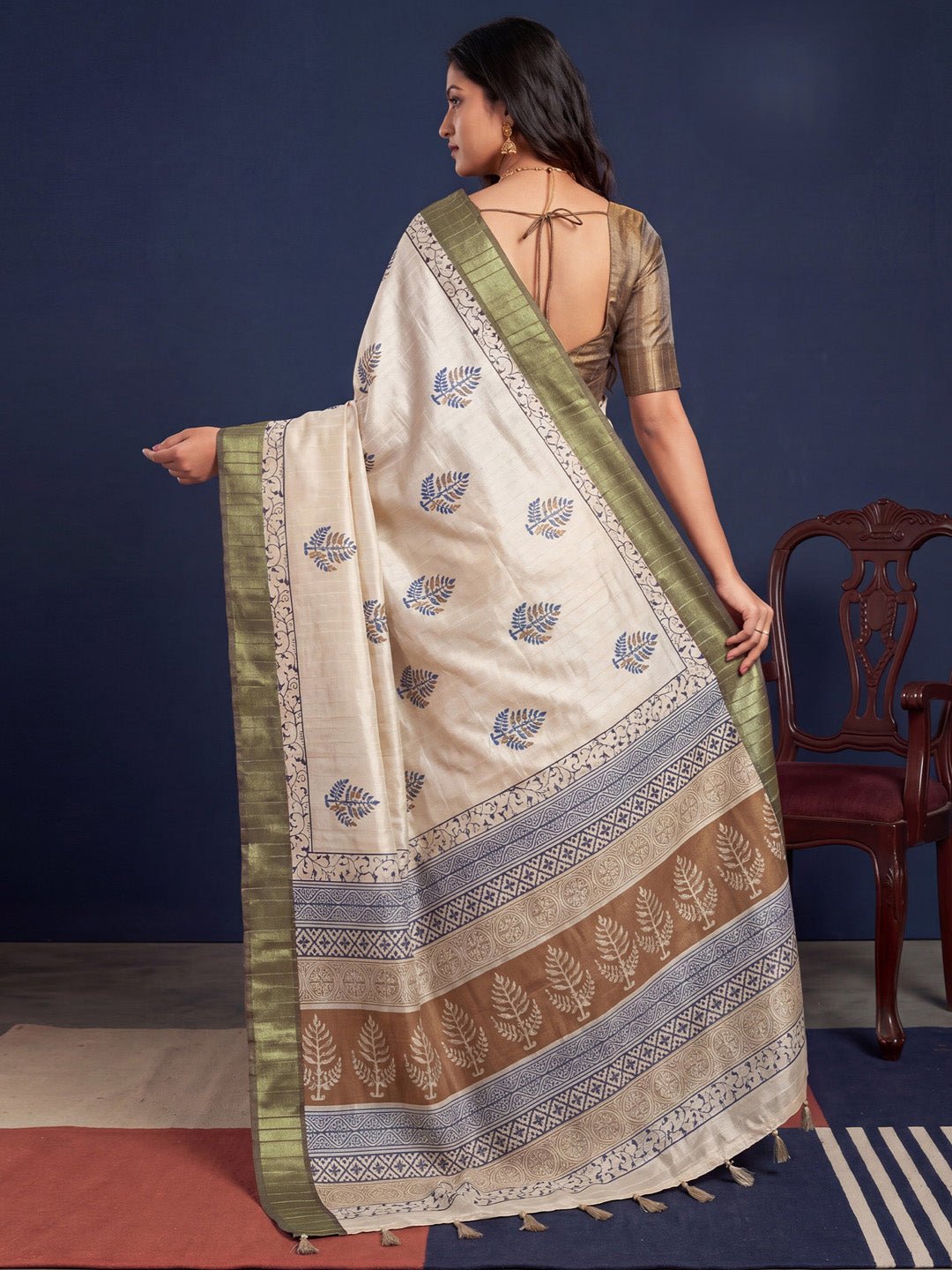 Off White &Olive Cotton Block Printed saree - Ressa